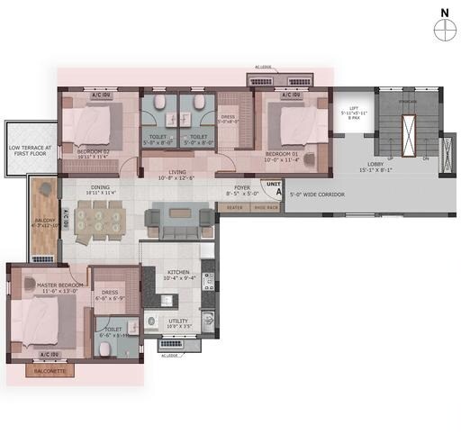 Floor plan of 3 BHK 1670 Sq. Ft. Apartment in Kalyani Vilasa, Chennai