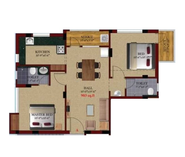 Floor plan of 2 BHK 903 Sq. Ft. Apartment in Kanya Sri Sai, Chennai