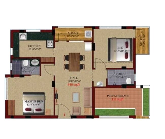 Floor plan of 2 BHK 918 Sq. Ft. Apartment in Kanya Sri Sai, Chennai