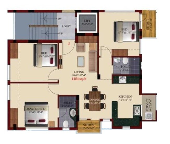 Floor plan of 3 BHK 1154 Sq. Ft. Apartment in Kanya Sri Sai, Chennai