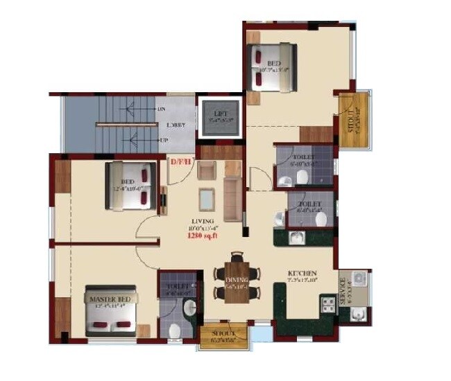 Floor plan of 3 BHK 1280 Sq. Ft. Apartment in Kanya Sri Sai, Chennai