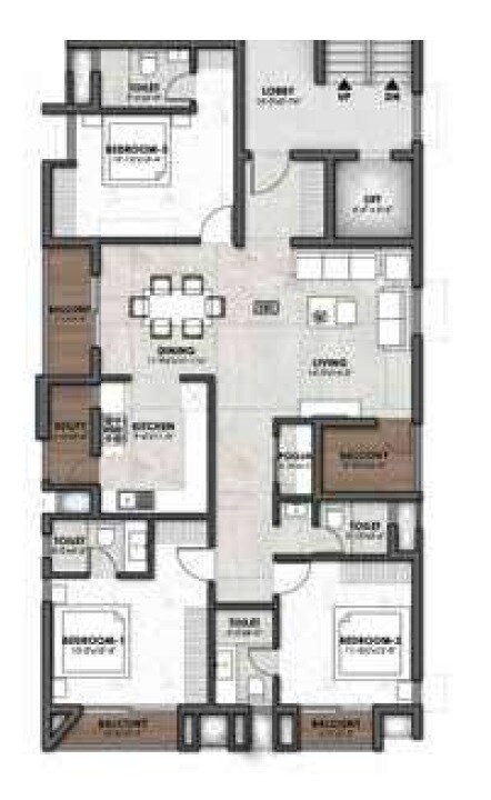 Floor plan of 3 BHK 1303 Sq. Ft. Apartment in Kay Arr Malhotra Gardenia, Chennai