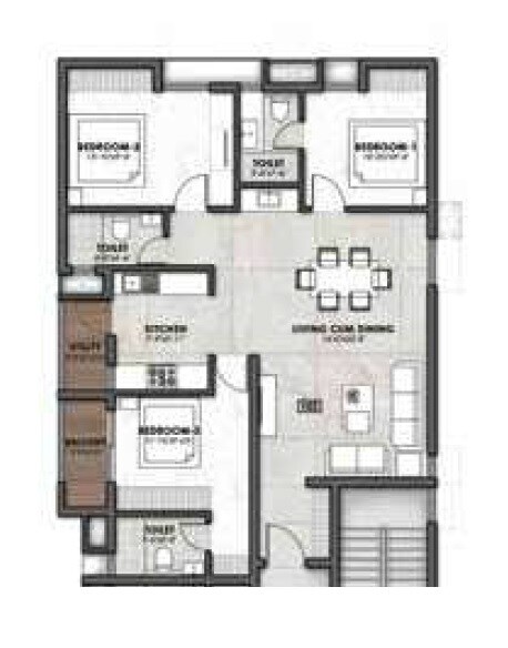 Floor plan of 3 BHK 1552 Sq. Ft. Apartment in Kay Arr Malhotra Gardenia, Chennai