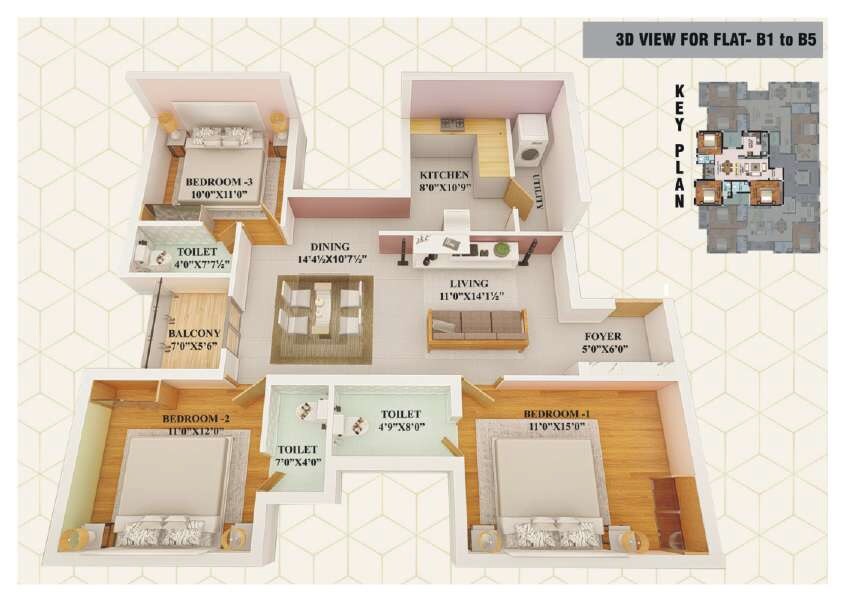 Floor plan of 3 BHK 1422 Sq. Ft. Apartment in KB Courtyard, Chennai