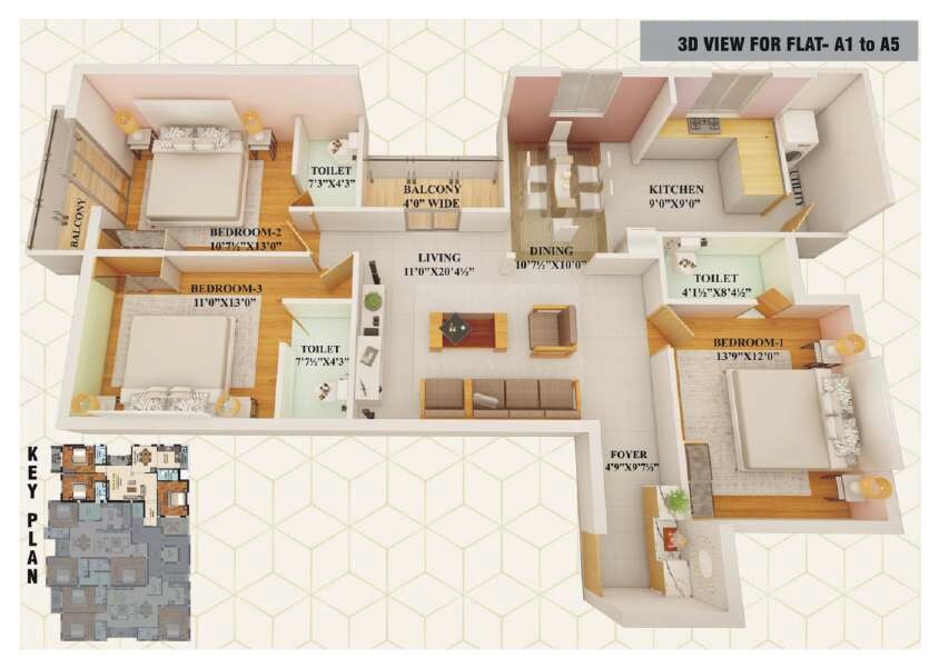 Floor plan of 3 BHK 1757 Sq. Ft. Apartment in KB Courtyard, Chennai