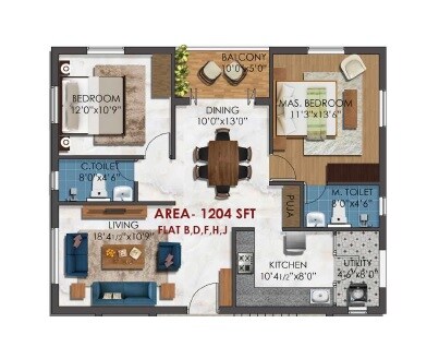 Floor plan of 2 BHK 1204 Sq. Ft. Apartment in KCee Abinavam, Chennai