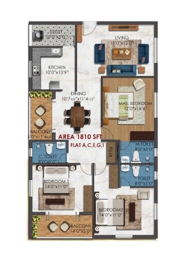 Floor plan of 3 BHK 1810 Sq. Ft. Apartment in KCee Abinavam, Chennai