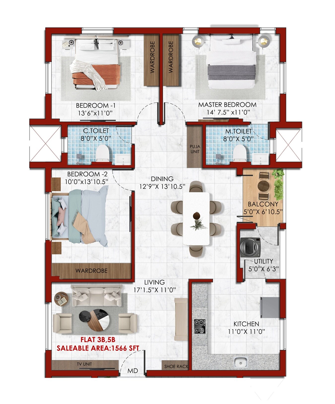 3 BHK 1566 Sq. Ft. Apartment