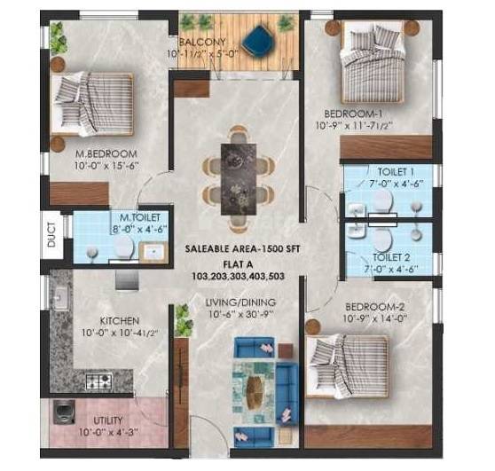 Floor plan of 3 BHK 1500 Sq. Ft. Apartment in KCee Rainbow, Chennai