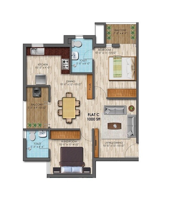 Floor plan of 2 BHK 1000 Sq. Ft. Apartment in KCee Saimadhavam, Chennai