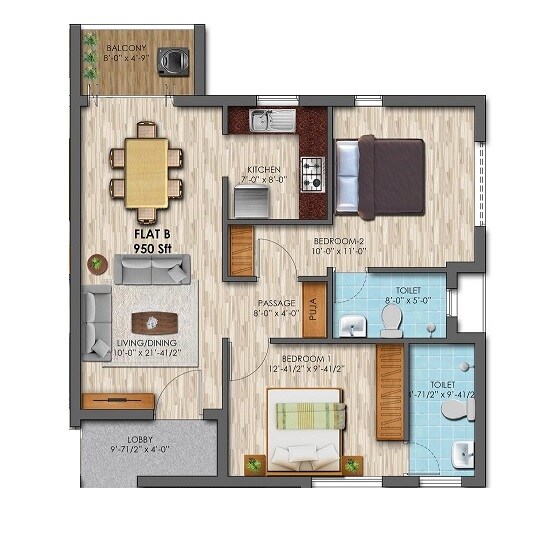 Floor plan of 2 BHK 950 Sq. Ft. Apartment in KCee Saimadhavam, Chennai