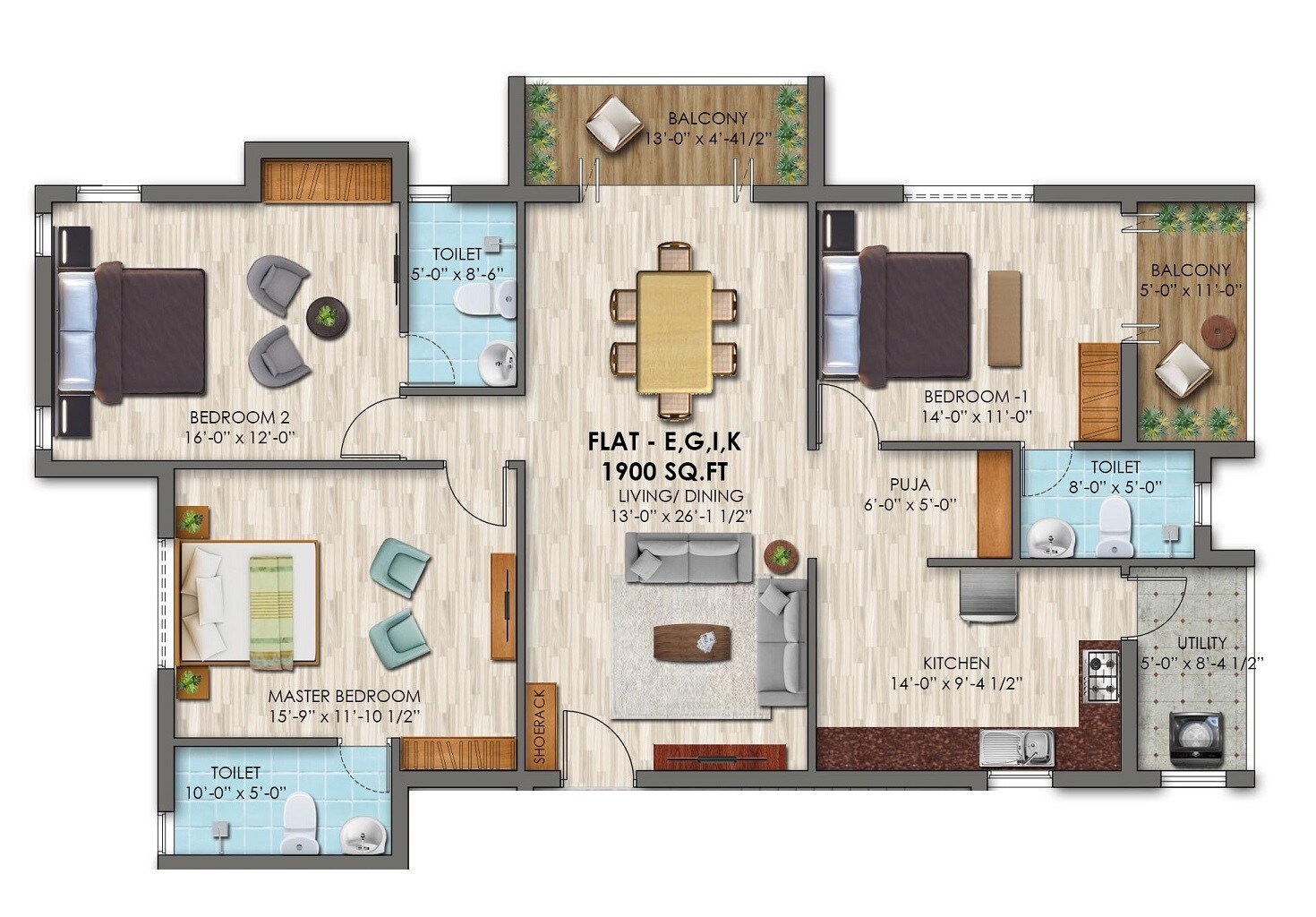 Floor plan of 3 BHK 1900 Sq. Ft. Apartment in KCee Saimadhavam, Chennai