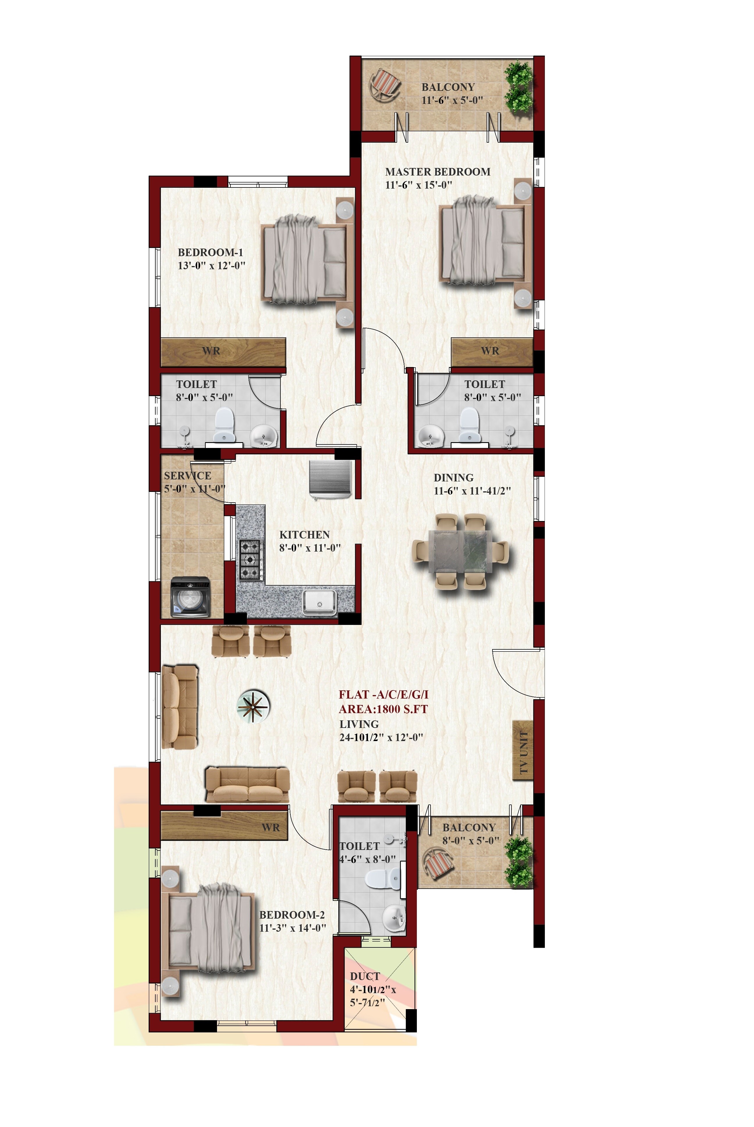 Floor plan of 3 BHK 1800 Sq. Ft. Apartment in Kcee Sreekaram, Chennai