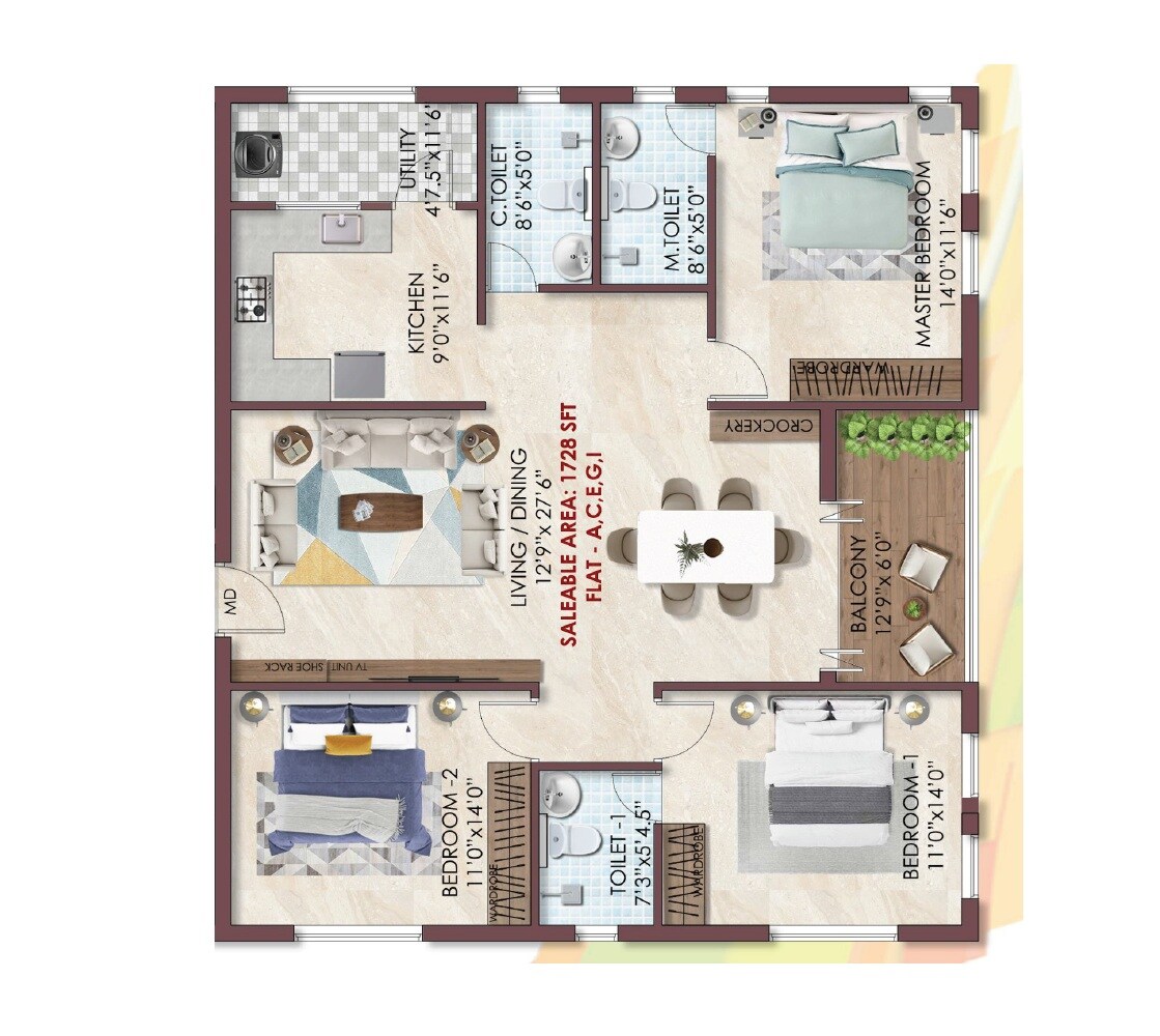 Floor plan of 3 BHK 1728 Sq. Ft. Apartment in KCee Varuni, Chennai