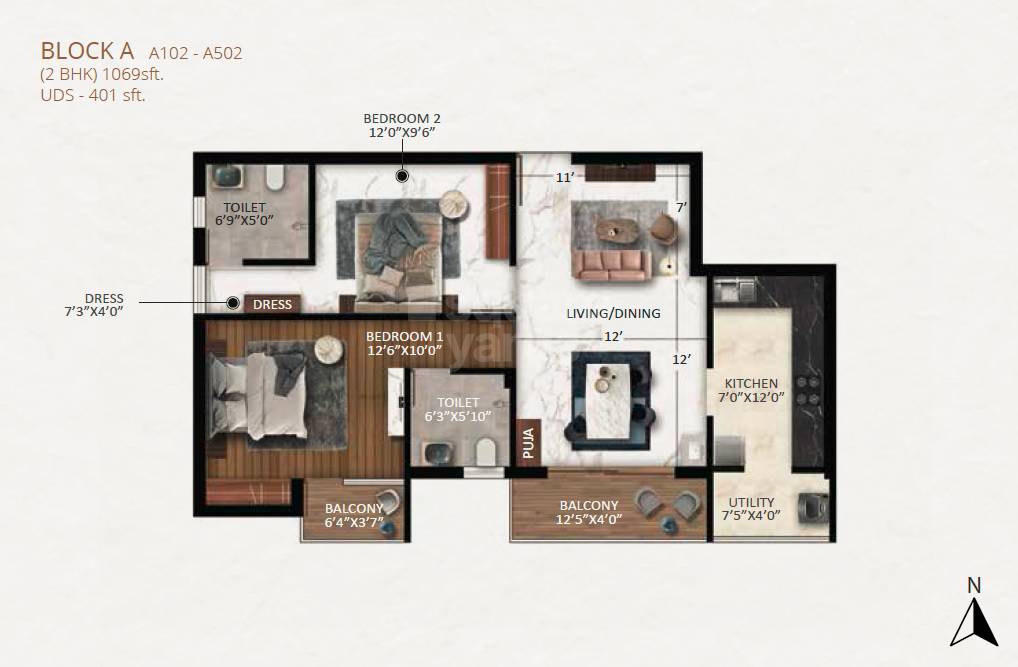 Floor plan of 2 BHK 1069 Sq. Ft. Apartment in Keystone Spectra, Chennai