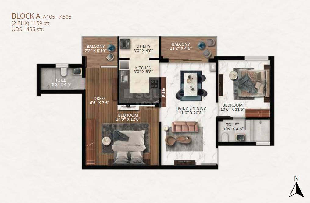 Floor plan of 2 BHK 1159 Sq. Ft. Apartment in Keystone Spectra, Chennai
