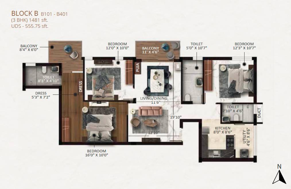 Floor plan of 3 BHK 1481 Sq. Ft. Apartment in Keystone Spectra, Chennai