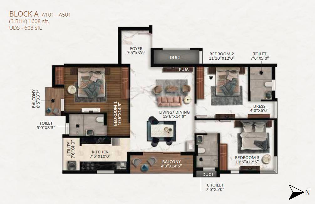 Floor plan of 3 BHK 1608 Sq. Ft. Apartment in Keystone Spectra, Chennai
