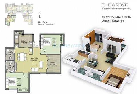Floor plan of 2 BHK 1052 Sq. Ft. Apartment in Keystone The Grove, Chennai