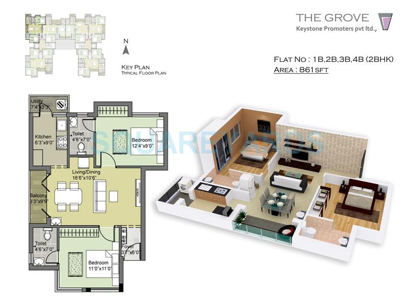 Floor plan of 2 BHK 861 Sq. Ft. Apartment in Keystone The Grove, Chennai