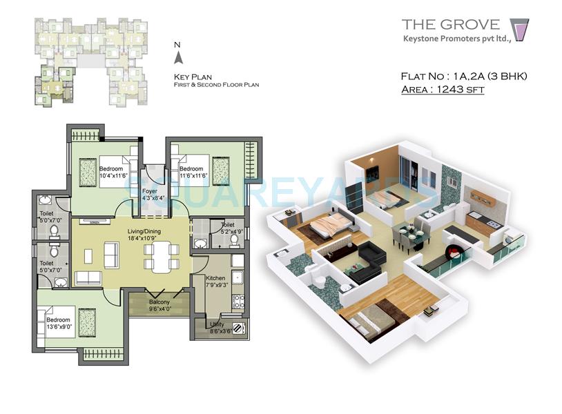 Floor plan of 3 BHK 1243 Sq. Ft. Apartment in Keystone The Grove, Chennai