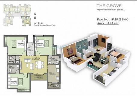 Floor plan of 3 BHK 1249 Sq. Ft. Apartment in Keystone The Grove, Chennai