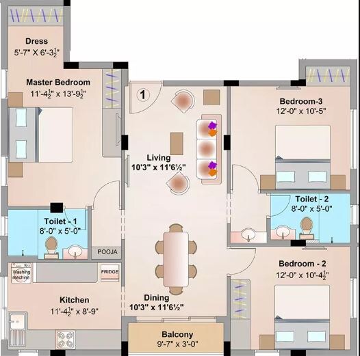 Floor plan of 3 BHK 1335 Sq. Ft. Apartment in KG Dogra Gardens, Chennai