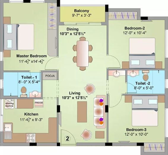 Floor plan of 3 BHK 1340 Sq. Ft. Apartment in KG Dogra Gardens, Chennai