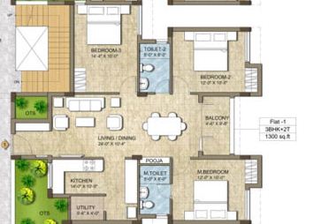 Floor plan of 3 BHK 1300 Sq. Ft. Apartment in KG Good Fortune, Chennai