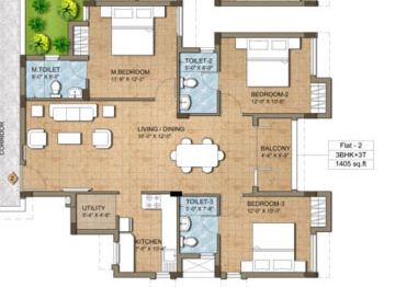 Floor plan of 3 BHK 1405 Sq. Ft. Apartment in KG Good Fortune, Chennai