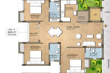 Floor plan of 3 BHK 1410 Sq. Ft. Apartment in KG Good Fortune, Chennai