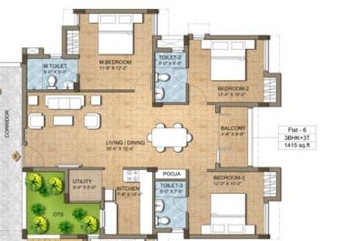 Floor plan of 3 BHK 1415 Sq. Ft. Apartment in KG Good Fortune, Chennai
