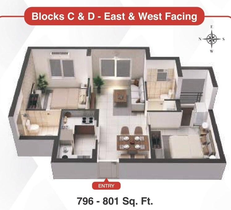 Floor plan of 2 BHK 796 Sq. Ft. Apartment in KG House Of Champions, Chennai