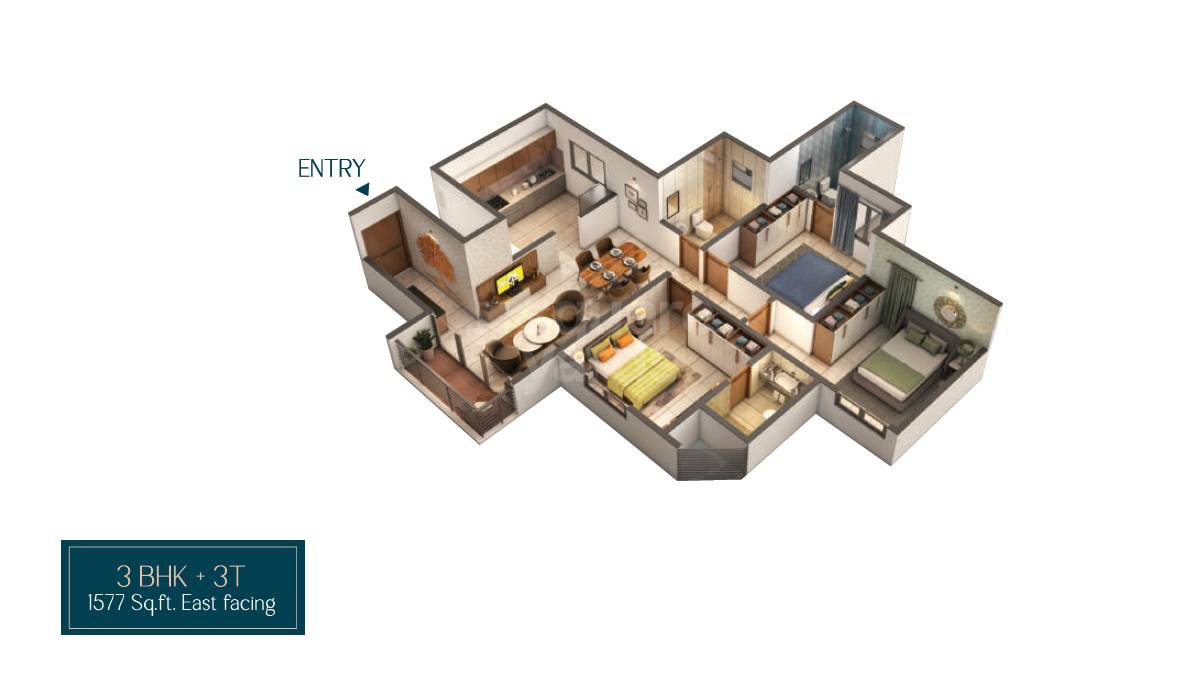 Floor plan of 3 BHK 1577 Sq. Ft. Apartment in KG North Bay, Chennai
