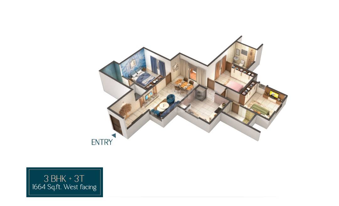 Floor plan of 3 BHK 1664 Sq. Ft. Apartment in KG North Bay, Chennai