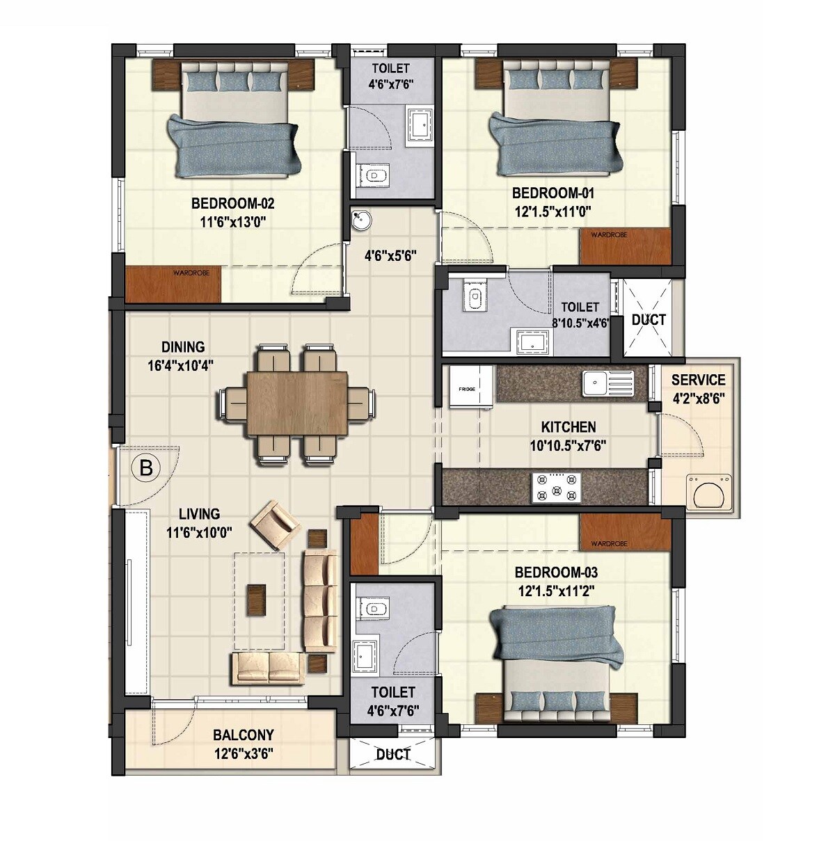 Floor plan of 3 BHK 1293 Sq. Ft. Apartment in Kgeyes Pari Street, Chennai