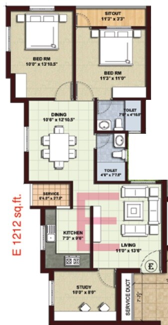Floor plan of 2 BHK 1212 Sq. Ft. Apartment in Kgeyes Vedha Rangaa Nivas, Chennai