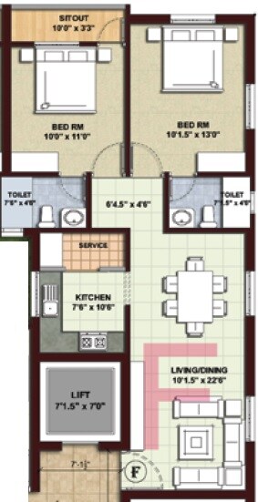 Floor plan of 2 BHK 988 Sq. Ft. Apartment in Kgeyes Vedha Rangaa Nivas, Chennai
