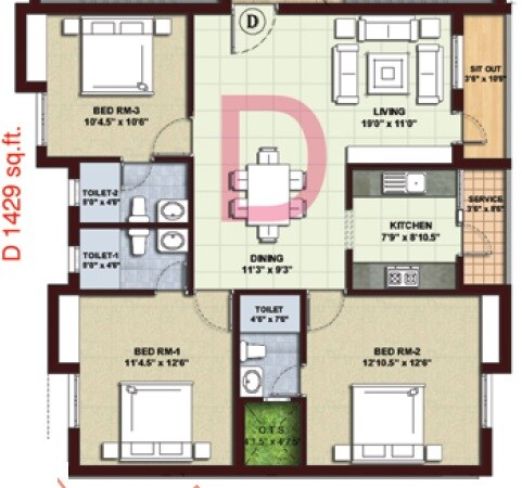 Floor plan of 3 BHK 1429 Sq. Ft. Apartment in Kgeyes Vedha Rangaa Nivas, Chennai