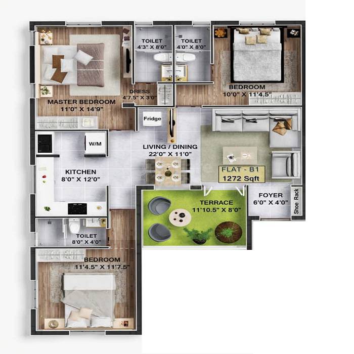 Floor plan of 3 BHK 1272 Sq. Ft. Apartment in Khurinji Iris, Chennai