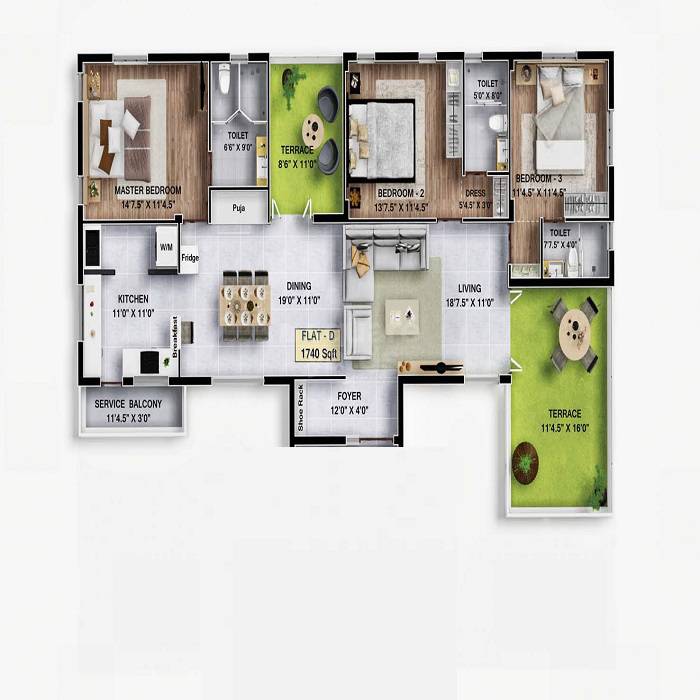 Floor plan of 3 BHK 1740 Sq. Ft. Apartment in Khurinji Iris, Chennai