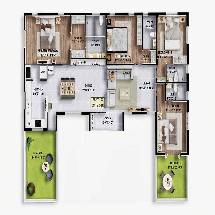 Floor plan of 4 BHK 2112 Sq. Ft. Apartment in Khurinji Iris, Chennai