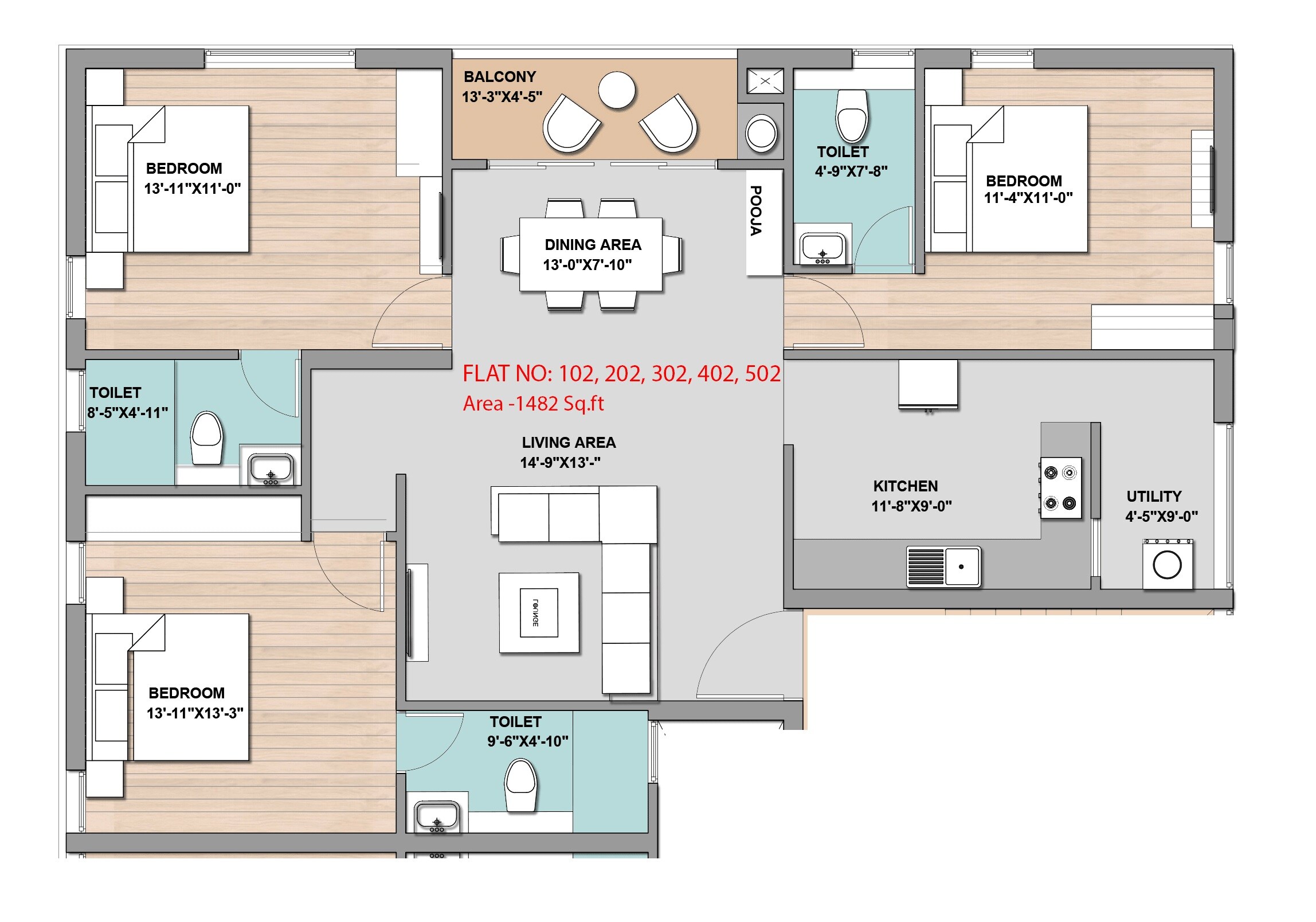 Floor plan of 3 BHK 1482 Sq. Ft. Apartment in Khurinji Verbena, Chennai