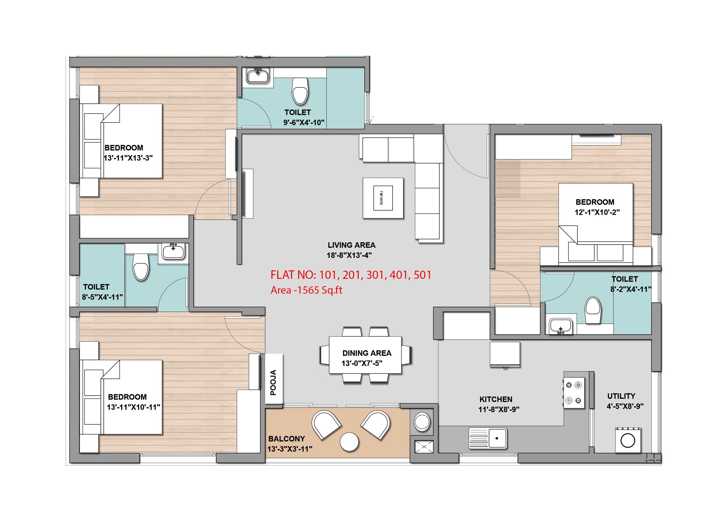Floor plan of 3 BHK 1565 Sq. Ft. Apartment in Khurinji Verbena, Chennai