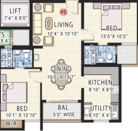 Floor plan of 2 BHK 1099 Sq. Ft. Apartment in KLP Abhinandan, Chennai