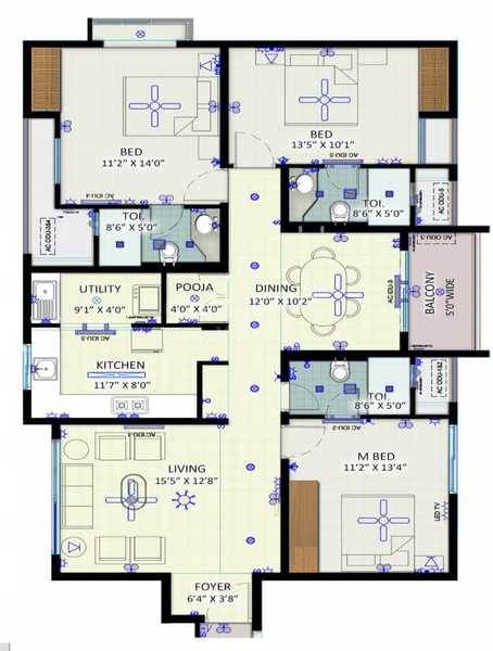 Floor plan of 3 BHK 1595 Sq. Ft. Apartment in KLP Abhinandan, Chennai