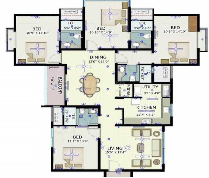 Floor plan of 4 BHK 2108 Sq. Ft. Apartment in KLP Abhinandan, Chennai