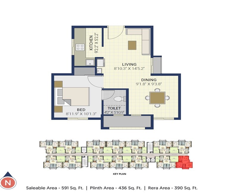 Floor plan of 1 BHK 591 Sq. Ft. Apartment in KLP Utsav, Chennai