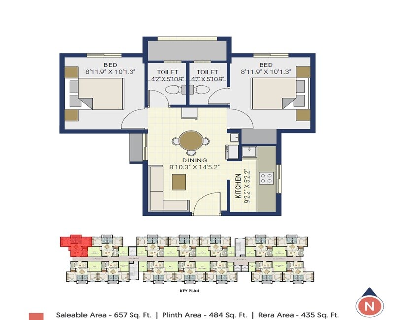 Floor plan of 2 BHK 657 Sq. Ft. Apartment in KLP Utsav, Chennai