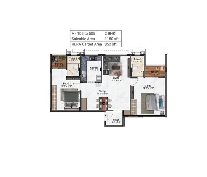 Floor plan of 2 BHK 1150 Sq. Ft. Apartment in Kochar Gagan, Chennai